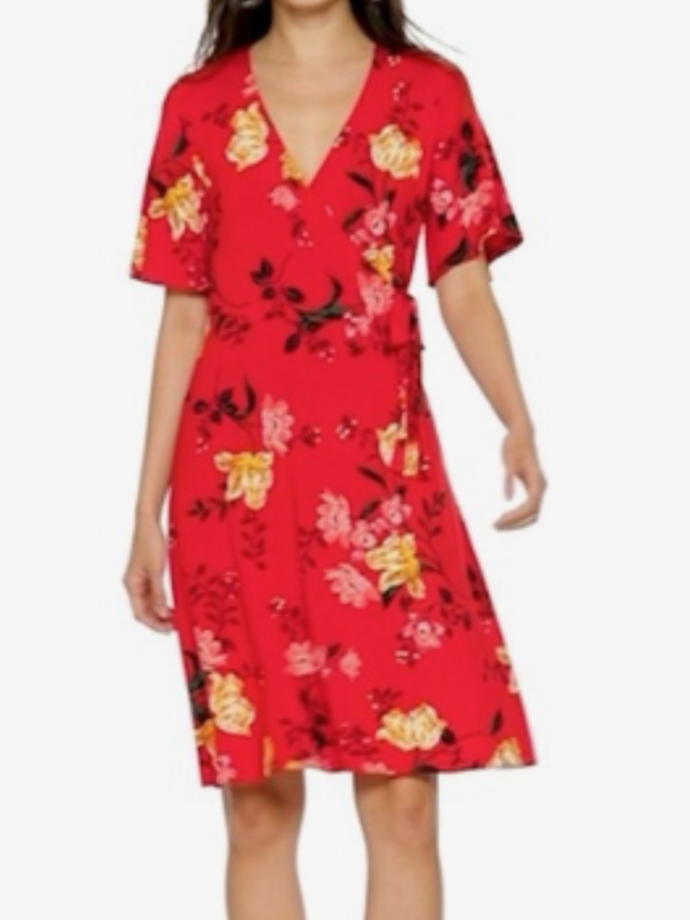 Old Navy Faux-wrap Floral Dress in Red - Elegant V-Neck Midi - Picture 4 of 4